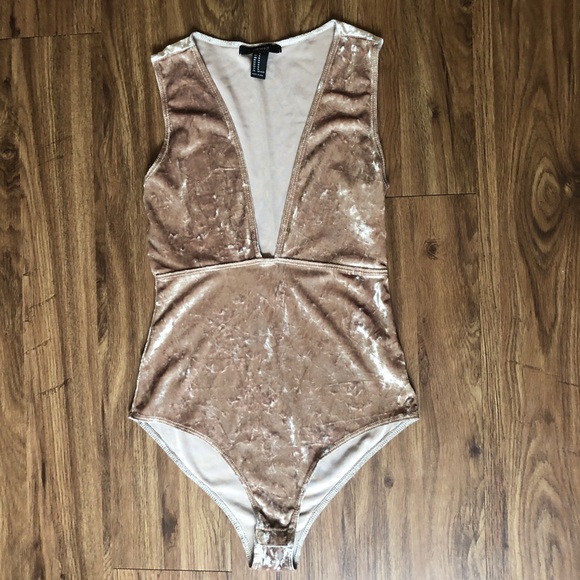 Forever 21 Tops - Gold Velour Plunge Neck Bodysuit